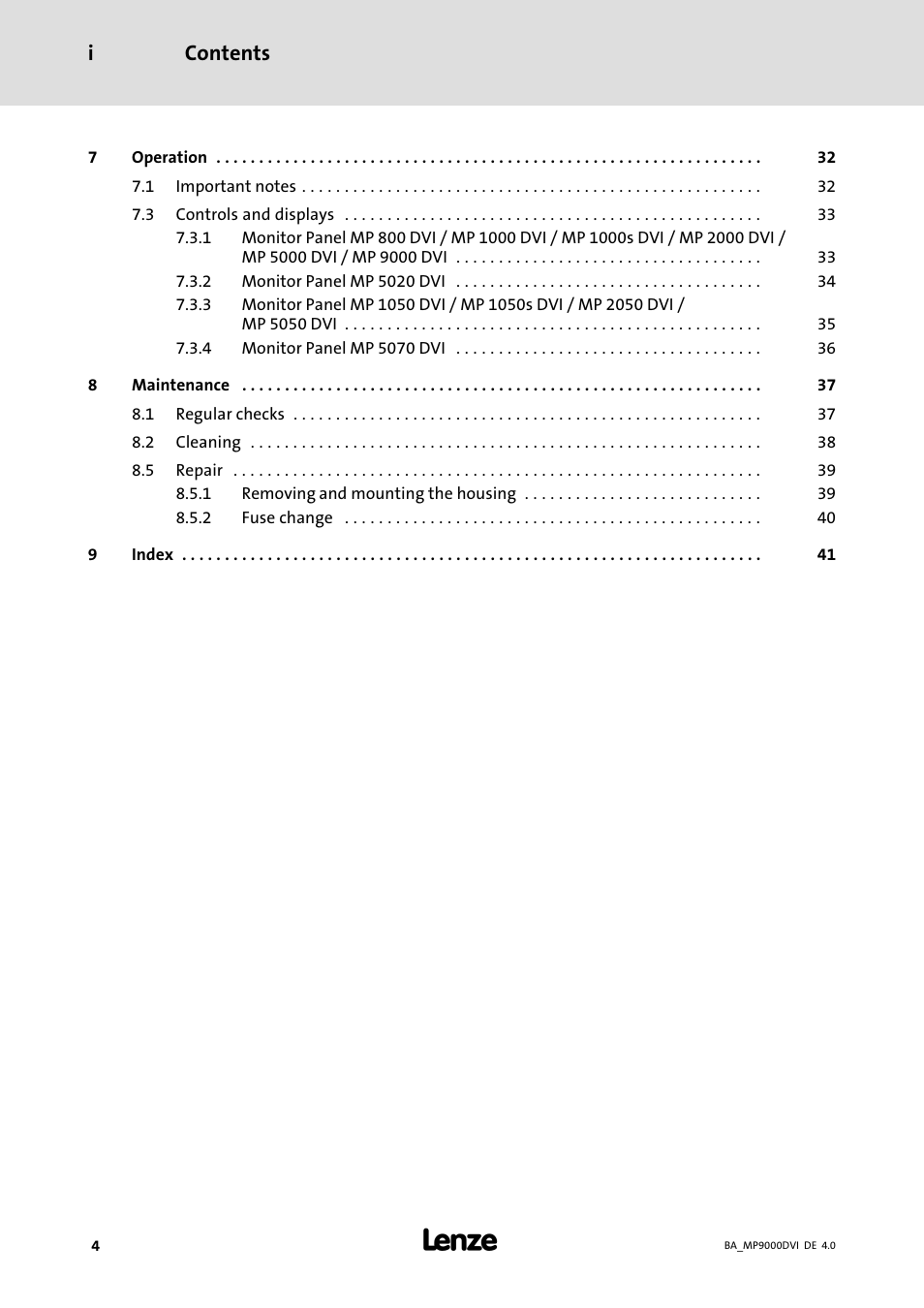 Contents i | Lenze MP 9000 DVI Operating Instructions User Manual | Page 4 / 43