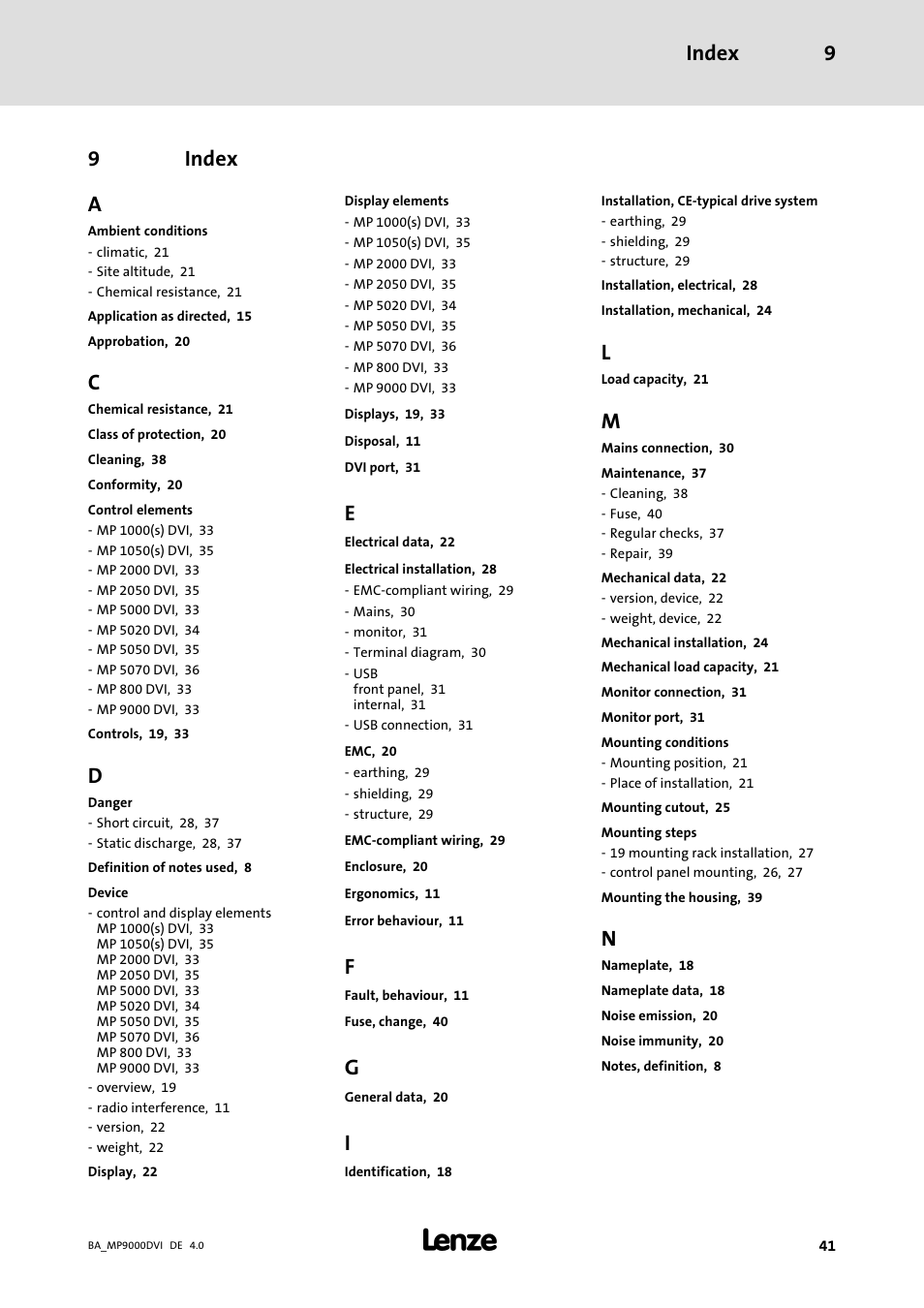 Index, Index 9, 9index a | Lenze MP 9000 DVI Operating Instructions User Manual | Page 41 / 43