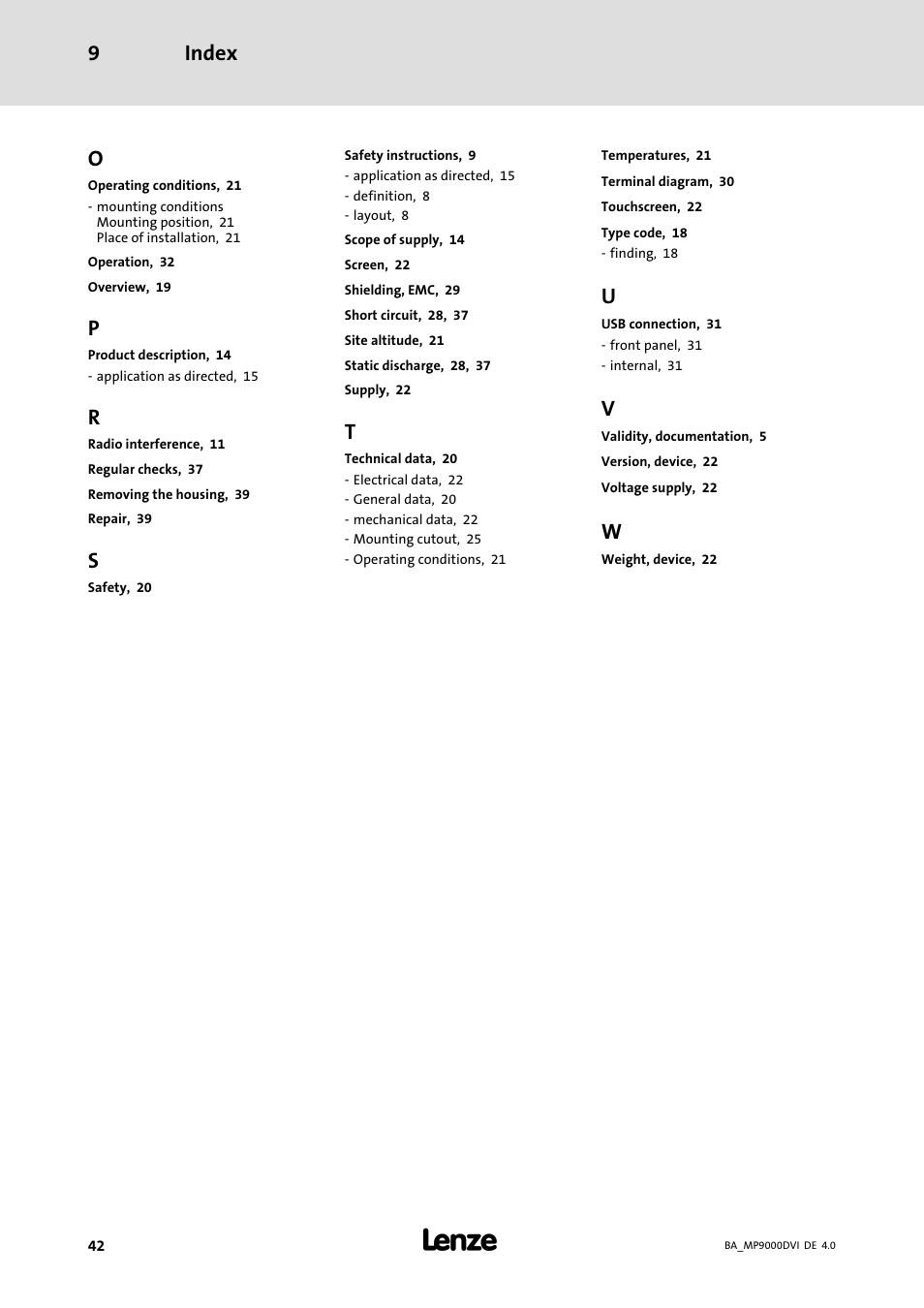 Index 9 | Lenze MP 9000 DVI Operating Instructions User Manual | Page 42 / 43