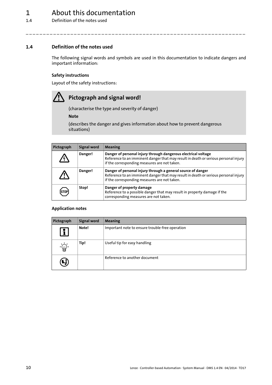 4 definition of the notes used, Definition of the notes used, 1about this documentation | Lenze Controller-based Automation User Manual | Page 10 / 68