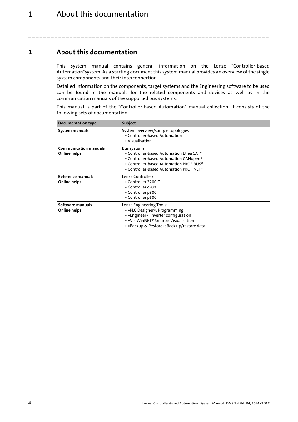 1 about this documentation, About this documentation, 1about this documentation | Lenze Controller-based Automation User Manual | Page 4 / 68