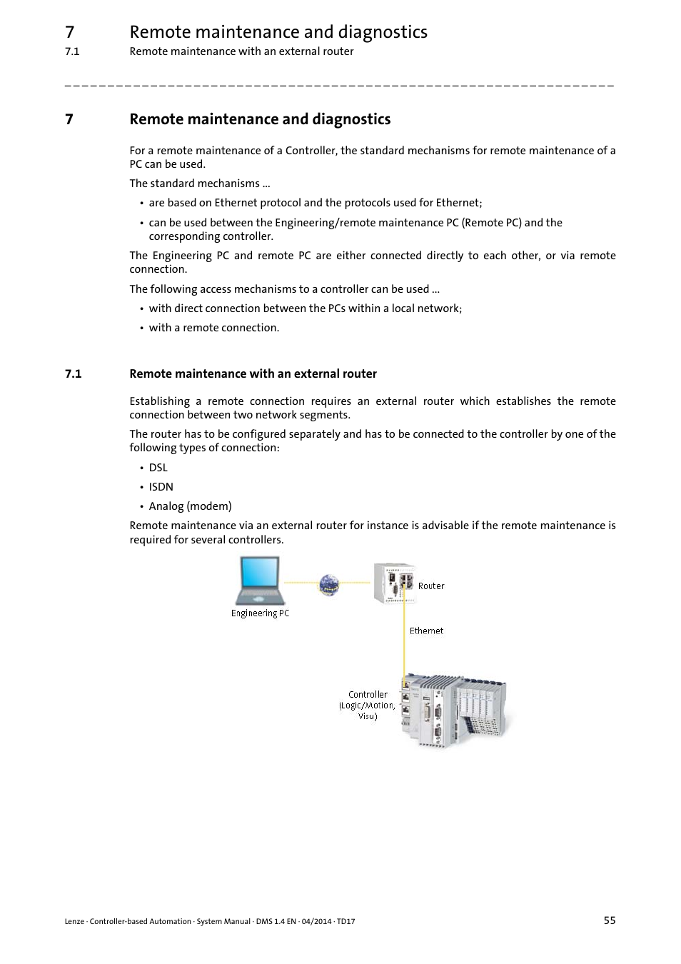 7 remote maintenance and diagnostics, 1 remote maintenance with an external router, Remote maintenance and diagnostics | Remote maintenance with an external router, 7remote maintenance and diagnostics | Lenze Controller-based Automation User Manual | Page 55 / 68