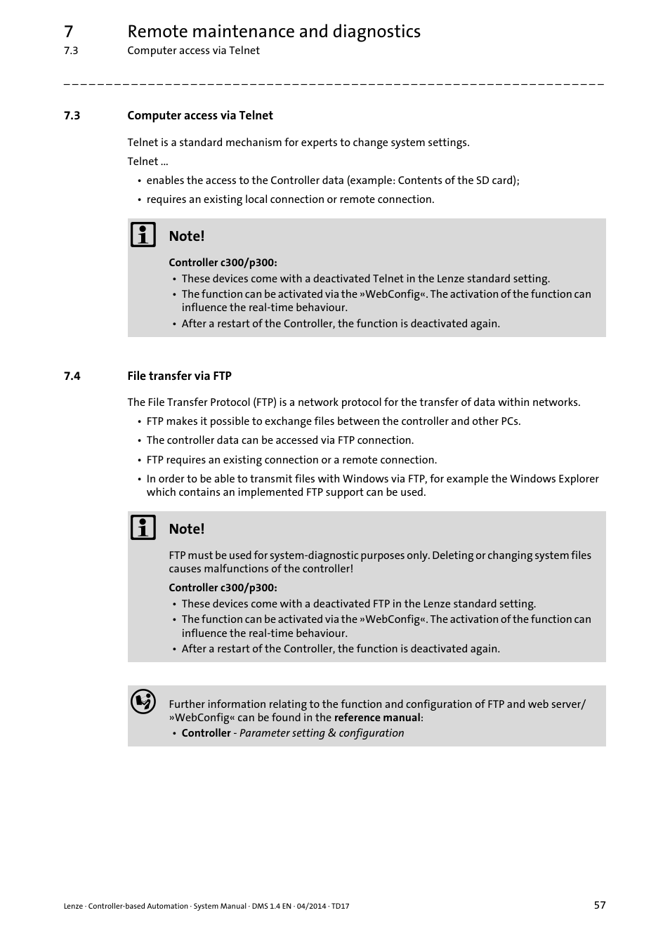 3 computer access via telnet, 4 file transfer via ftp, Computer access via telnet | File transfer via ftp, 7remote maintenance and diagnostics | Lenze Controller-based Automation User Manual | Page 57 / 68