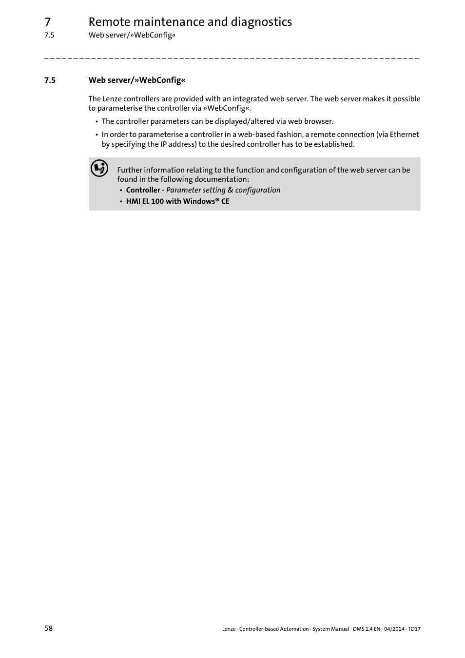 5 web server/»webconfig, Web server/»webconfig, 7remote maintenance and diagnostics | Lenze Controller-based Automation User Manual | Page 58 / 68