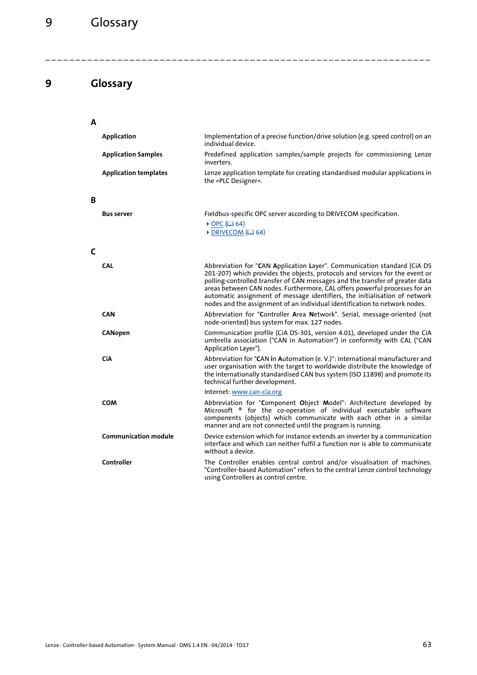 9 glossary, Glossary, 9glossary | Lenze Controller-based Automation User Manual | Page 63 / 68