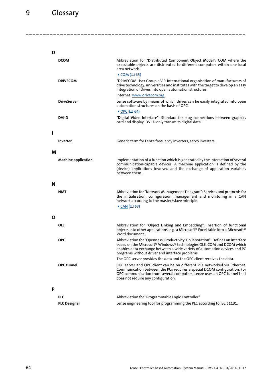 Opc ( 64), Drivecom ( 64), 9glossary | Lenze Controller-based Automation User Manual | Page 64 / 68