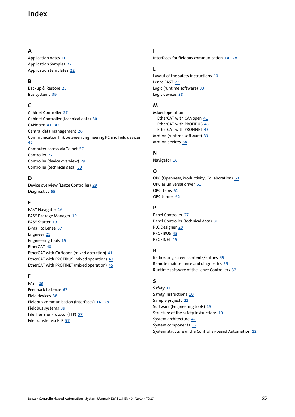 Index | Lenze Controller-based Automation User Manual | Page 65 / 68