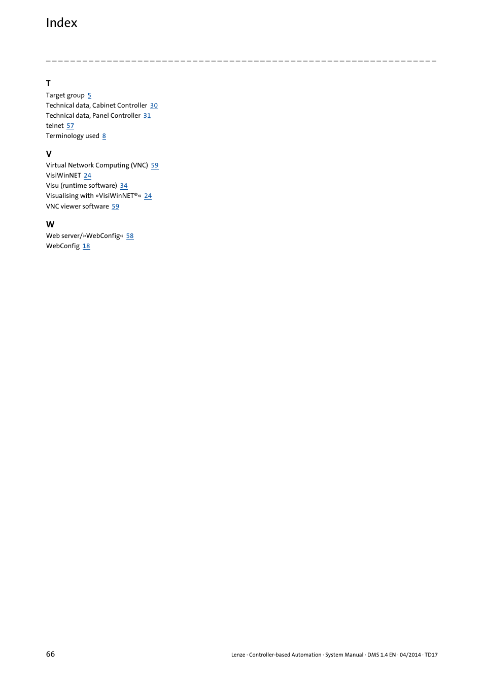Index | Lenze Controller-based Automation User Manual | Page 66 / 68