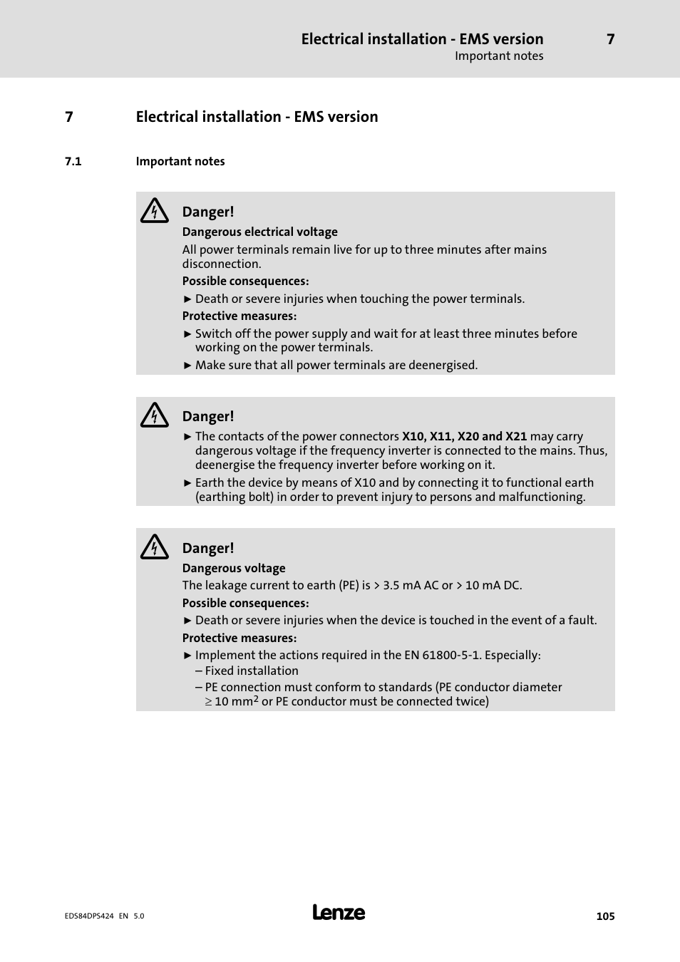 Electrical installation - ems version, Important notes, Electrical installation − ems version | Lenze 8400 protec Manual User Manual | Page 105 / 198