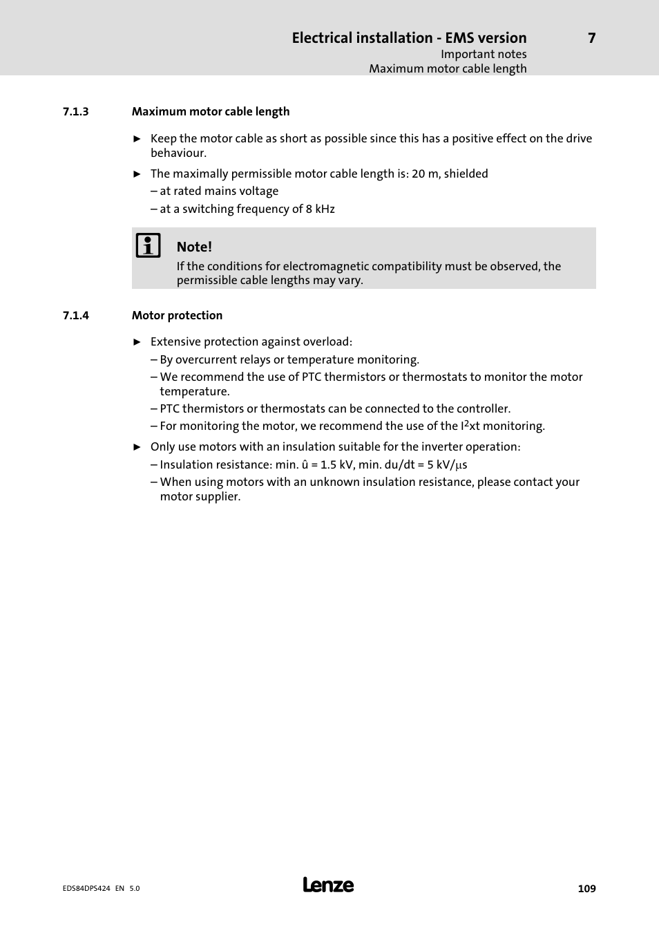 Maximum motor cable length, Motor protection, Electrical installation − ems version | Lenze 8400 protec Manual User Manual | Page 109 / 198