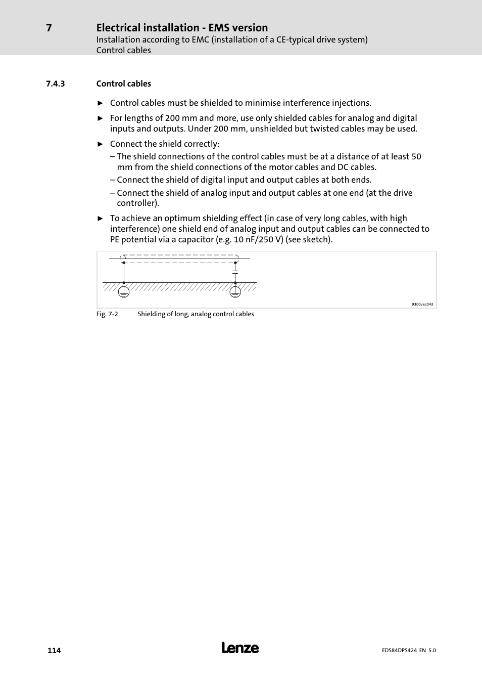 Control cables, Electrical installation − ems version | Lenze 8400 protec Manual User Manual | Page 114 / 198