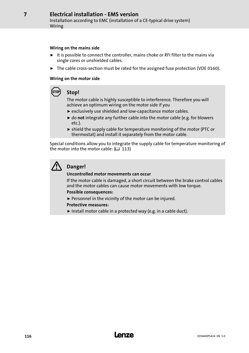 Electrical installation − ems version | Lenze 8400 protec Manual User Manual | Page 116 / 198