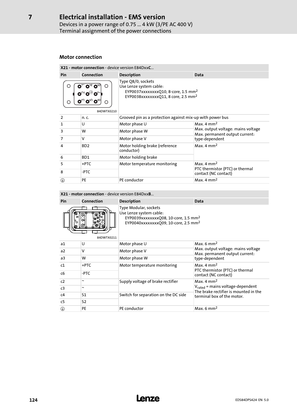 Electrical installation − ems version, Motor connection | Lenze 8400 protec Manual User Manual | Page 124 / 198