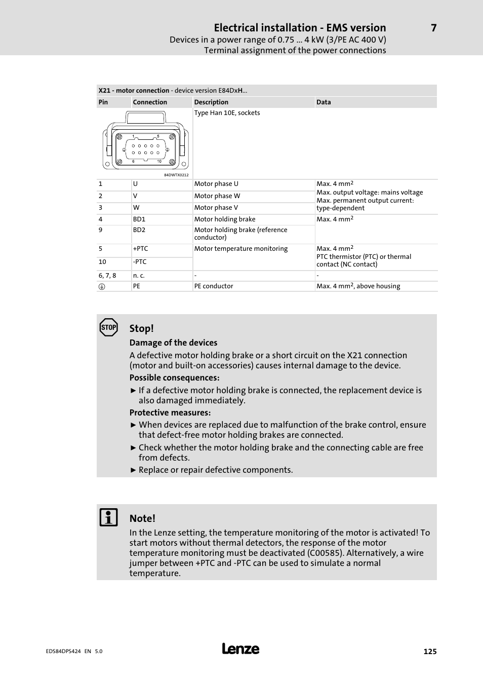 Electrical installation − ems version, Stop | Lenze 8400 protec Manual User Manual | Page 125 / 198