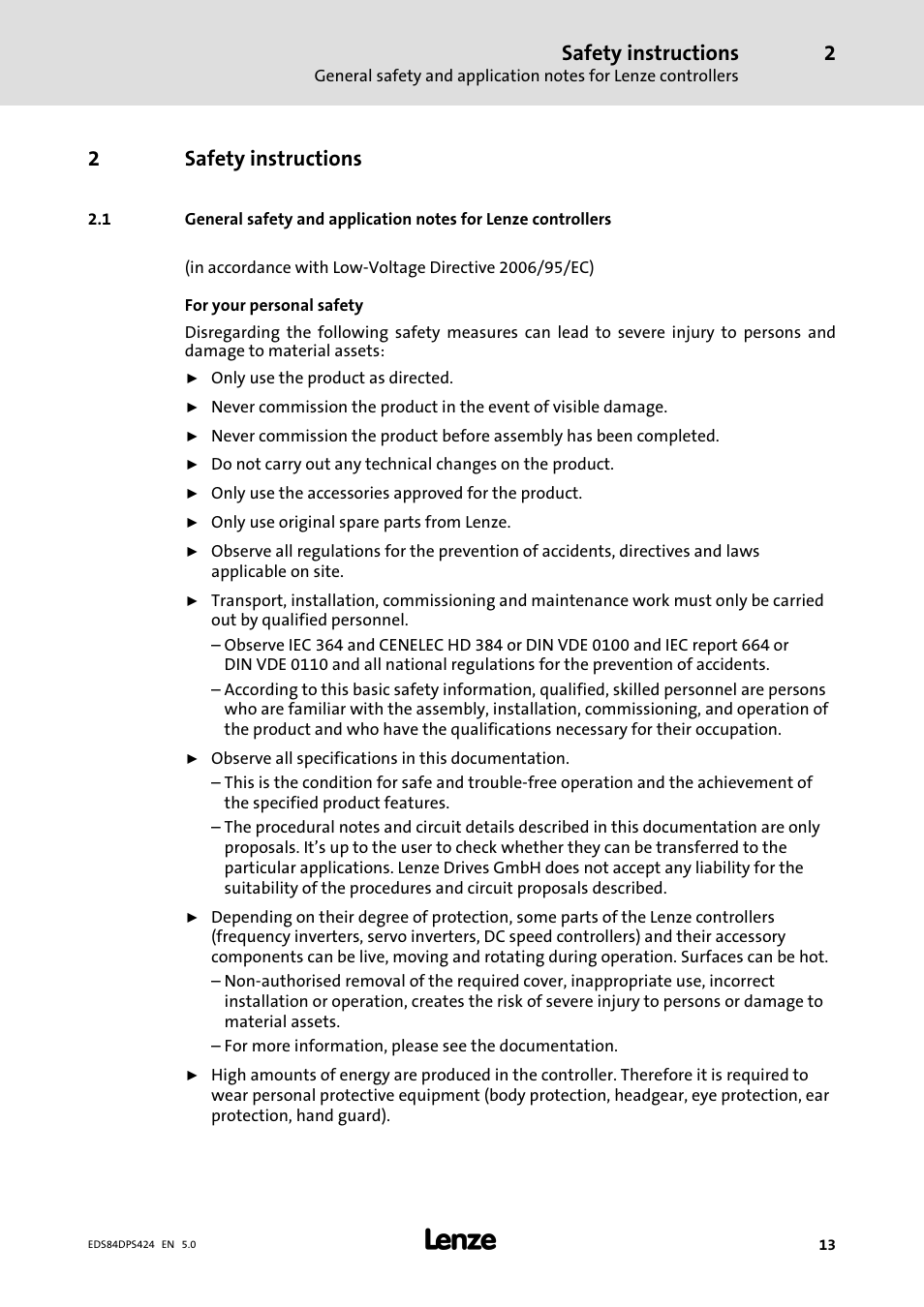 Safety instructions, 2safety instructions | Lenze 8400 protec Manual User Manual | Page 13 / 198
