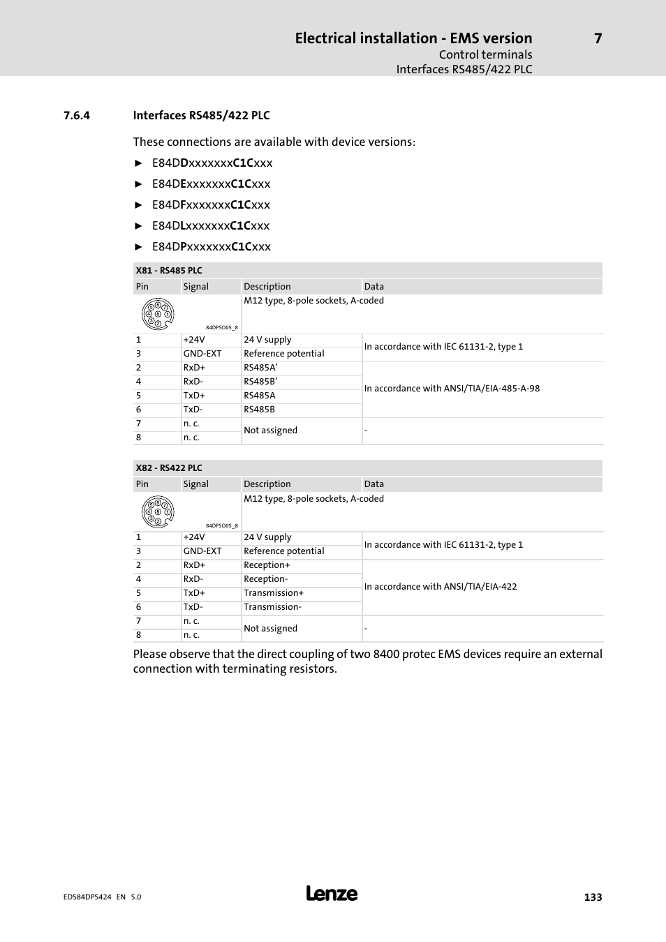 Interfaces rs485/422 plc, Electrical installation − ems version | Lenze 8400 protec Manual User Manual | Page 133 / 198