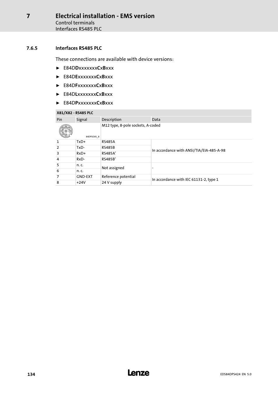 Interfaces rs485 plc, Electrical installation − ems version | Lenze 8400 protec Manual User Manual | Page 134 / 198