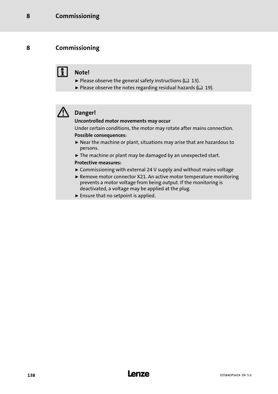 Commissioning | Lenze 8400 protec Manual User Manual | Page 138 / 198