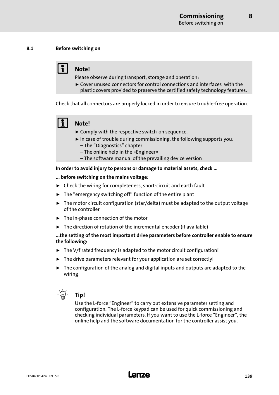 Before switching on, Commissioning | Lenze 8400 protec Manual User Manual | Page 139 / 198