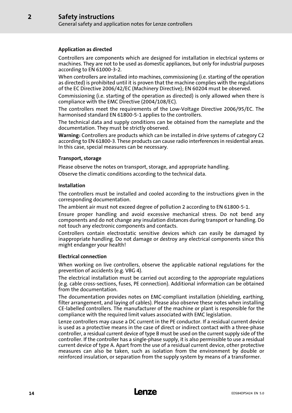 Safety instructions | Lenze 8400 protec Manual User Manual | Page 14 / 198