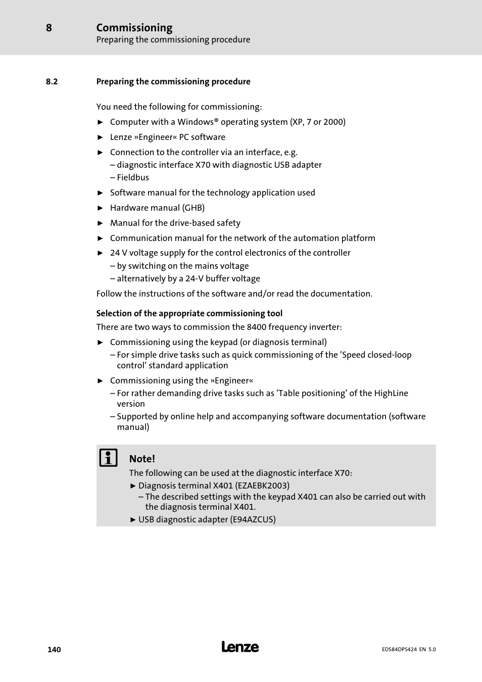 Preparing the commissioning procedure, Commissioning | Lenze 8400 protec Manual User Manual | Page 140 / 198