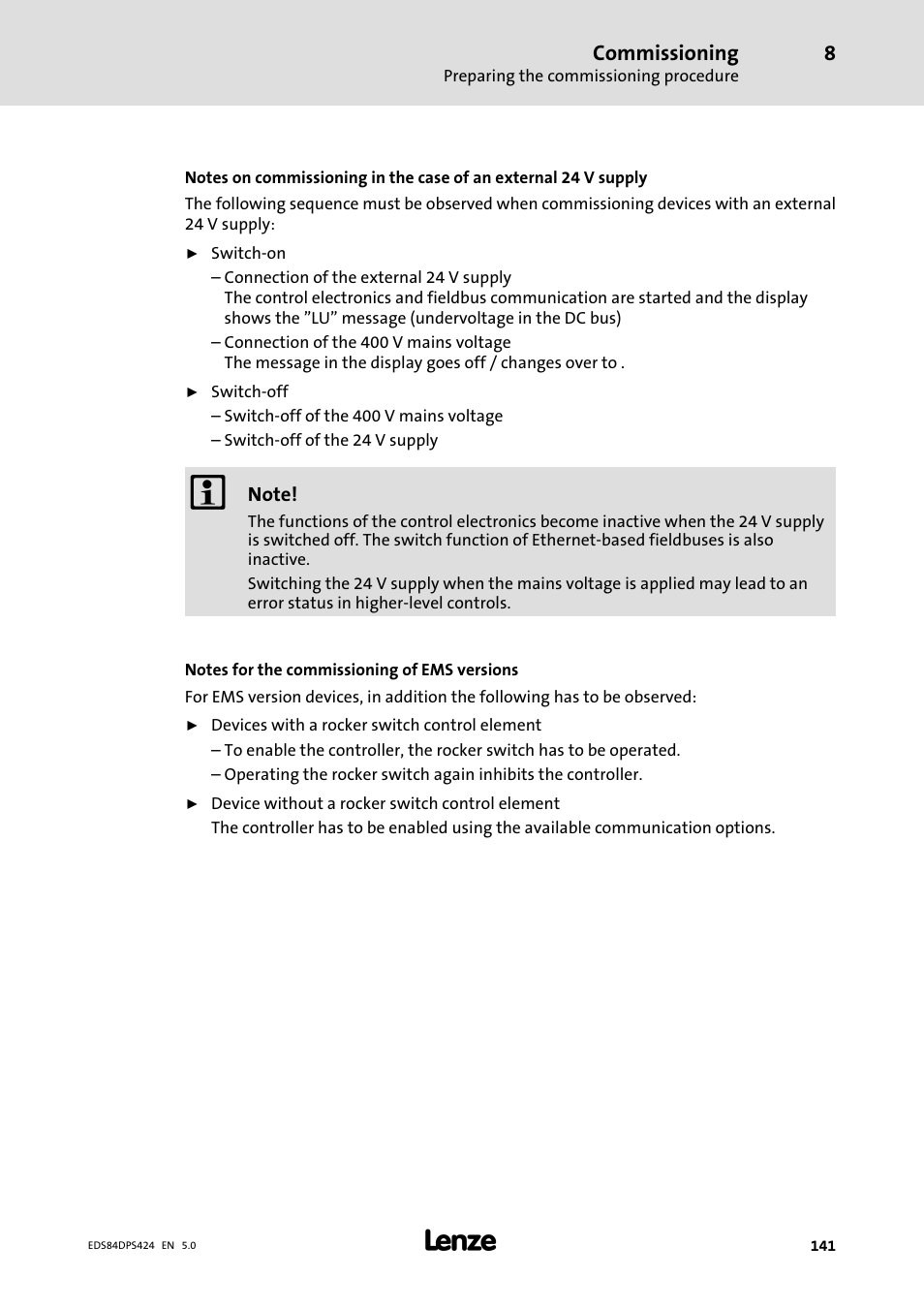 Commissioning | Lenze 8400 protec Manual User Manual | Page 141 / 198