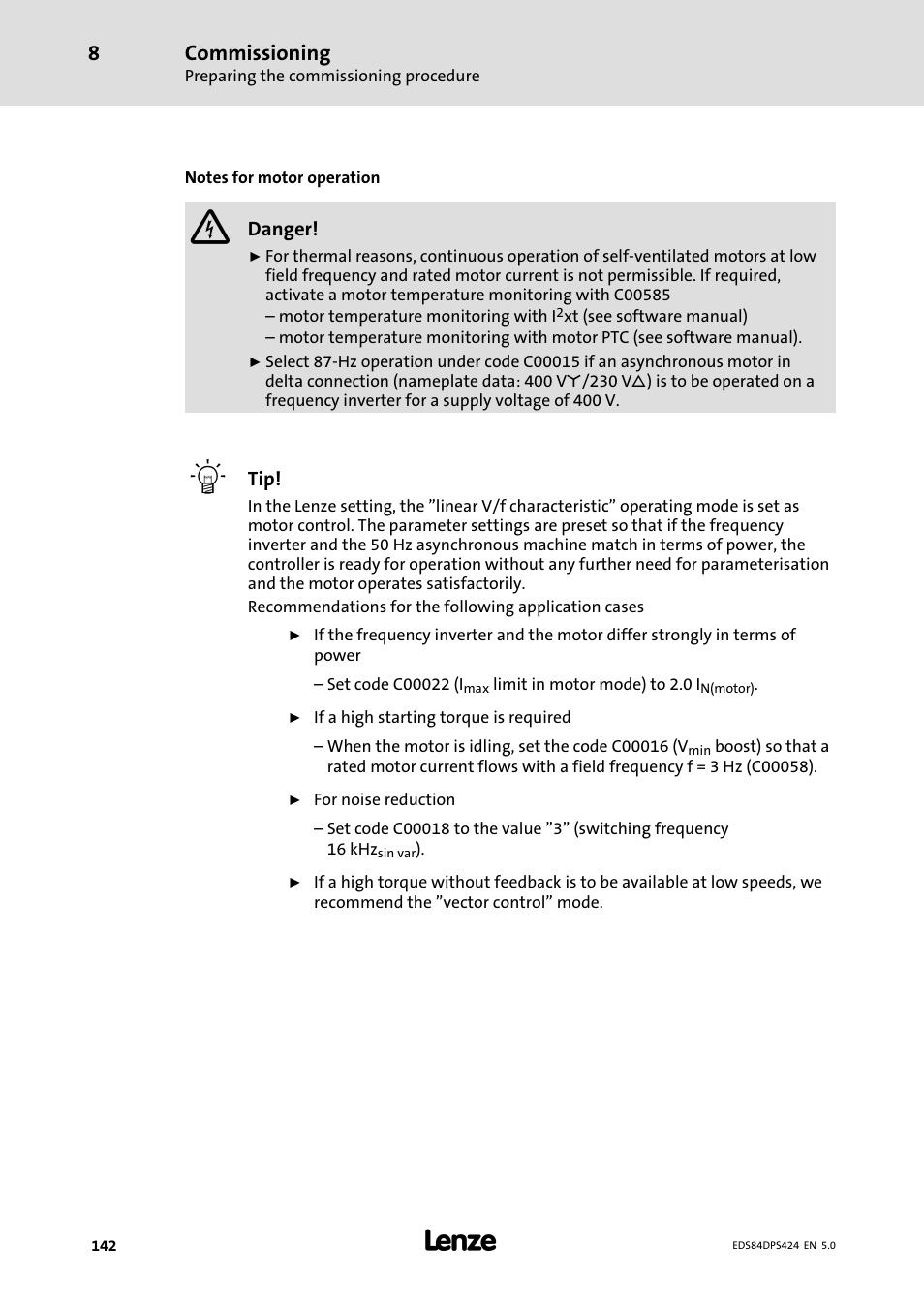 Commissioning | Lenze 8400 protec Manual User Manual | Page 142 / 198