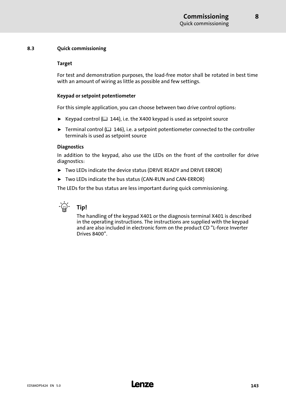 Quick commissioning, Commissioning | Lenze 8400 protec Manual User Manual | Page 143 / 198