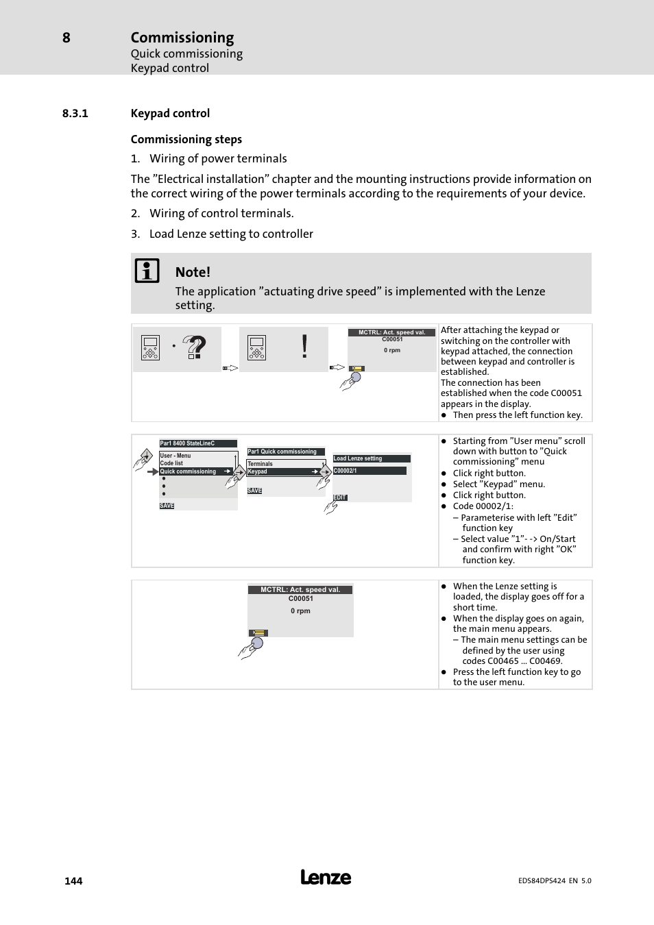 Keypad control, Commissioning, Quick commissioning keypad control | Lenze 8400 protec Manual User Manual | Page 144 / 198