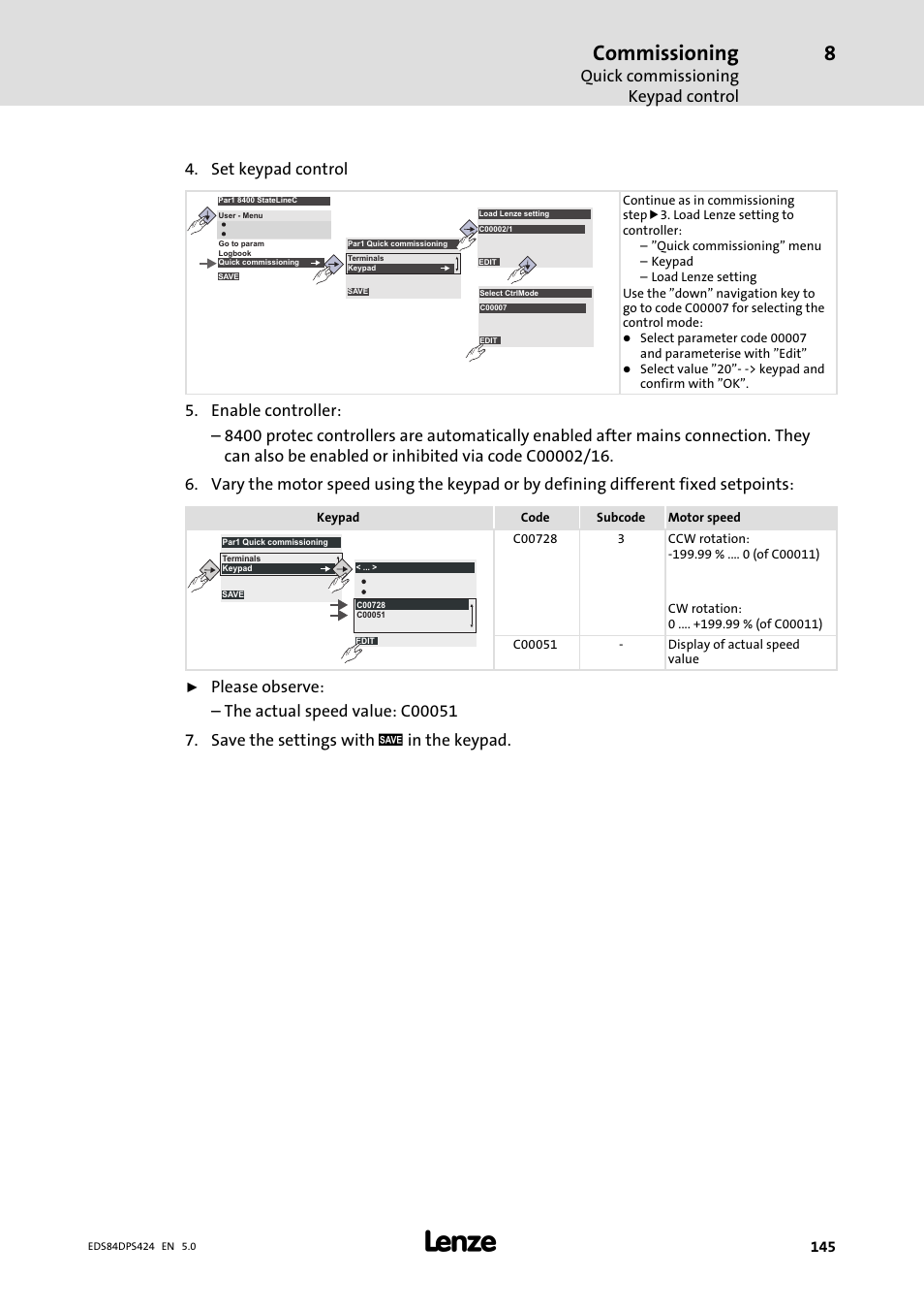 Commissioning, Quick commissioning keypad control, Set keypad control | Lenze 8400 protec Manual User Manual | Page 145 / 198