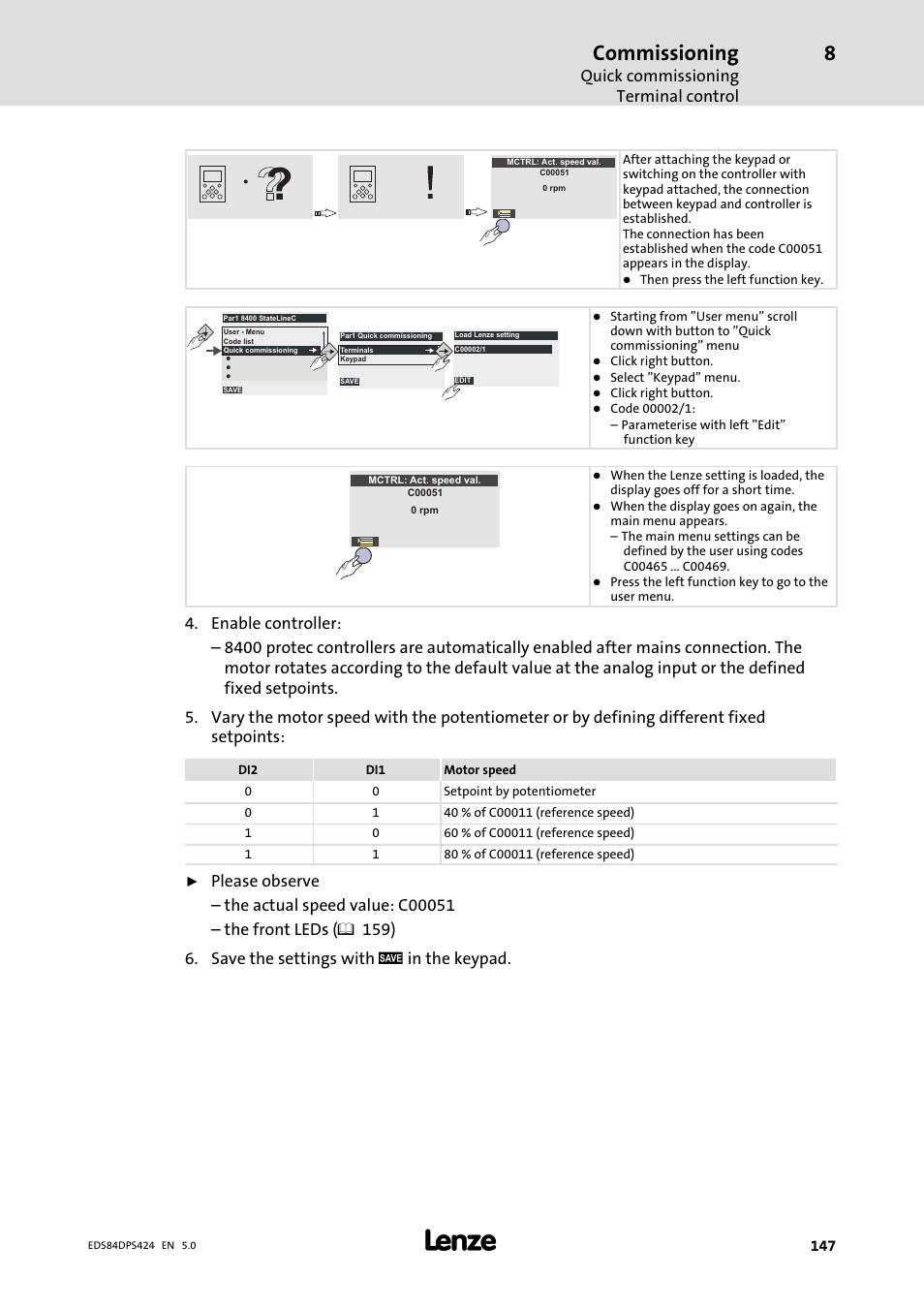 Commissioning, Quick commissioning terminal control | Lenze 8400 protec Manual User Manual | Page 147 / 198