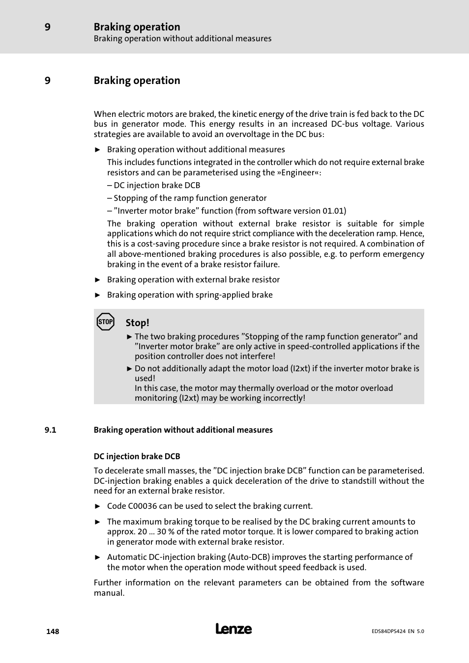 Braking operation, Braking operation without additional measures, 9braking operation | Lenze 8400 protec Manual User Manual | Page 148 / 198