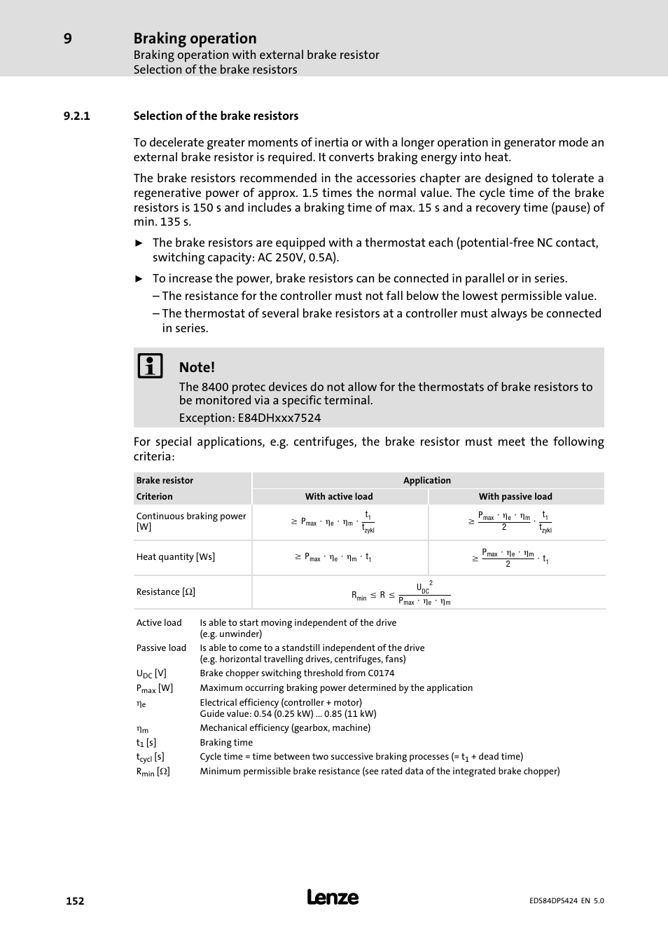 Selection of the brake resistors, Braking operation | Lenze 8400 protec Manual User Manual | Page 152 / 198