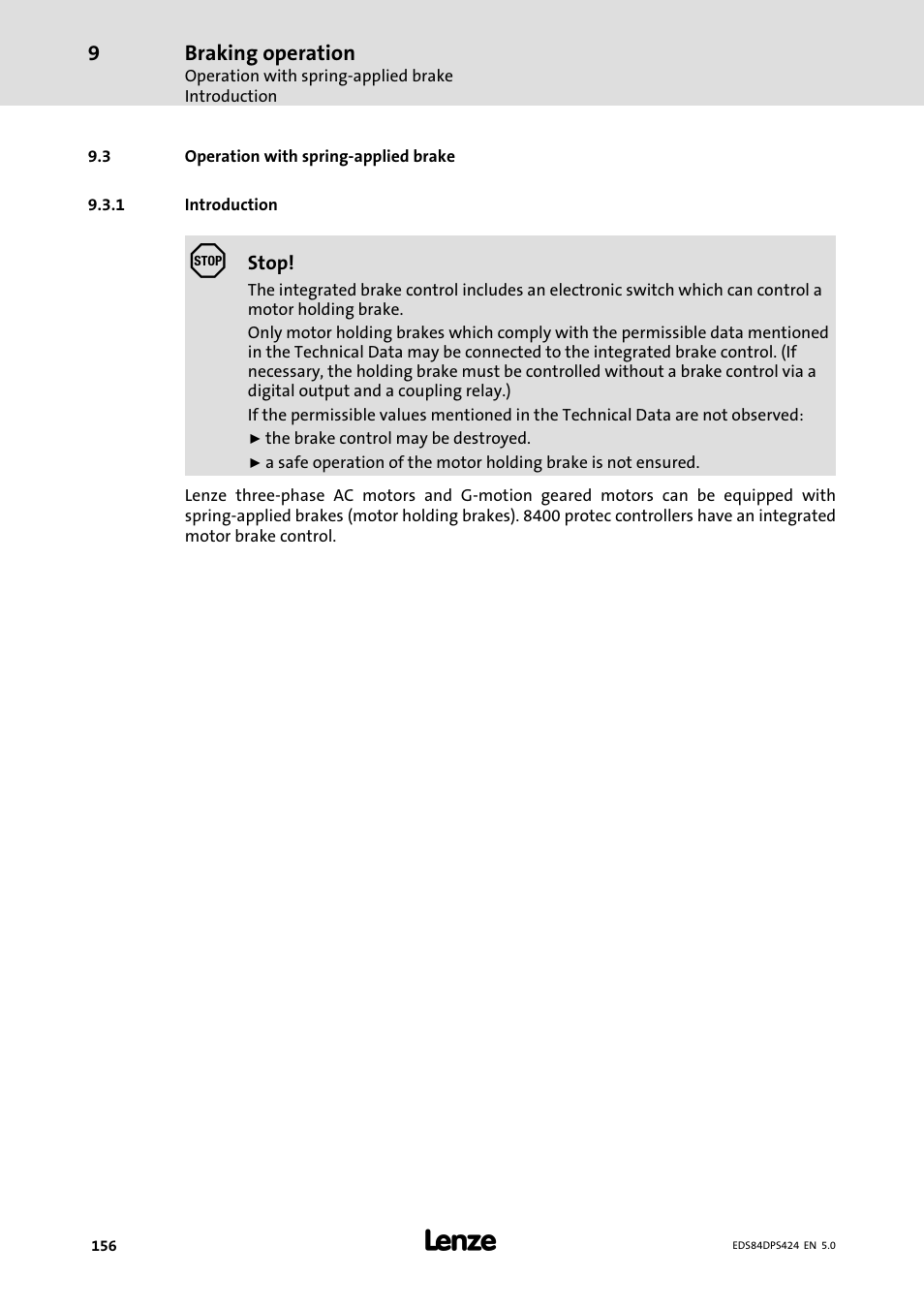 Operation with spring-applied brake, Introduction, Operation with spring−applied brake | Lenze 8400 protec Manual User Manual | Page 156 / 198
