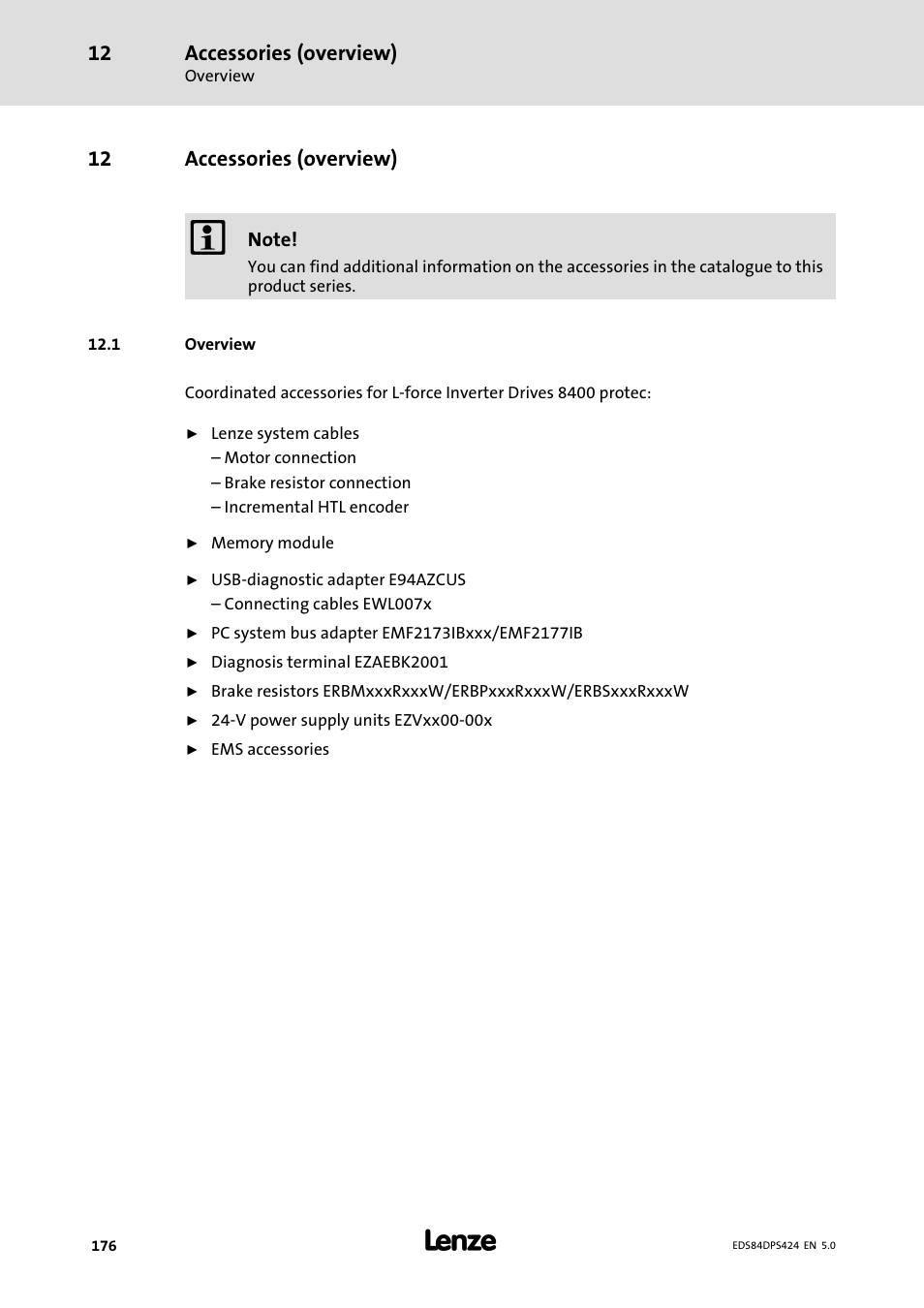 Accessories (overview), Overview, 1 overview | 12 accessories (overview) | Lenze 8400 protec Manual User Manual | Page 176 / 198