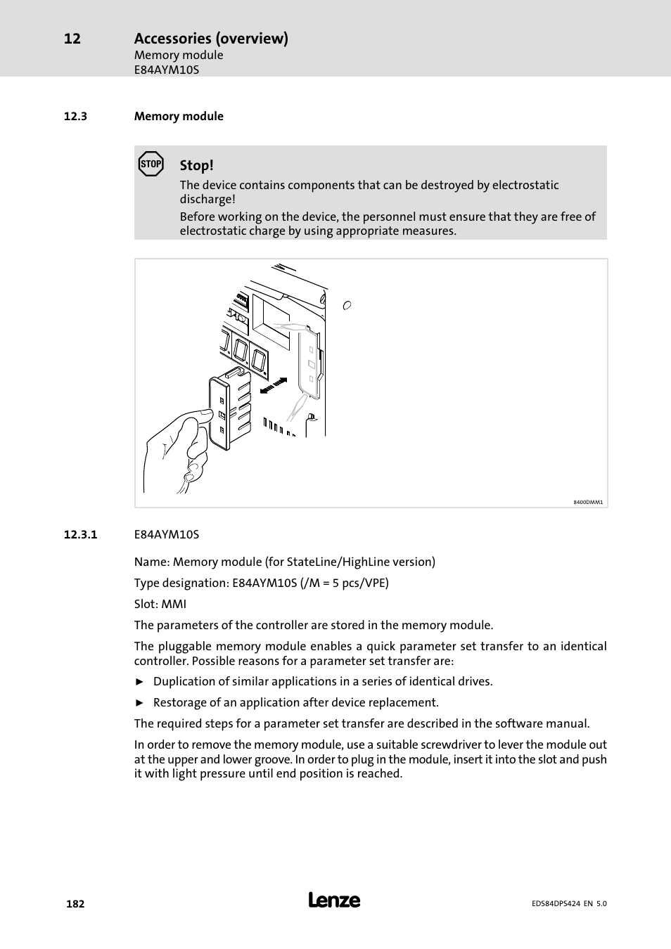 Memory module, E84aym10s, 3 memory module | Accessories (overview) | Lenze 8400 protec Manual User Manual | Page 182 / 198