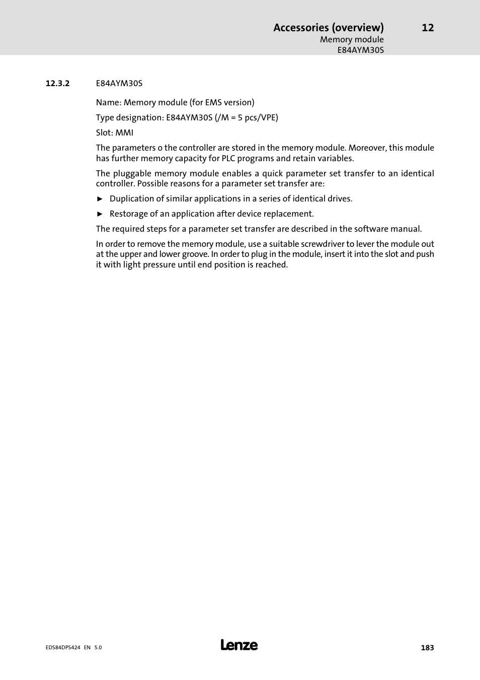 E84aym30s, Accessories (overview) | Lenze 8400 protec Manual User Manual | Page 183 / 198