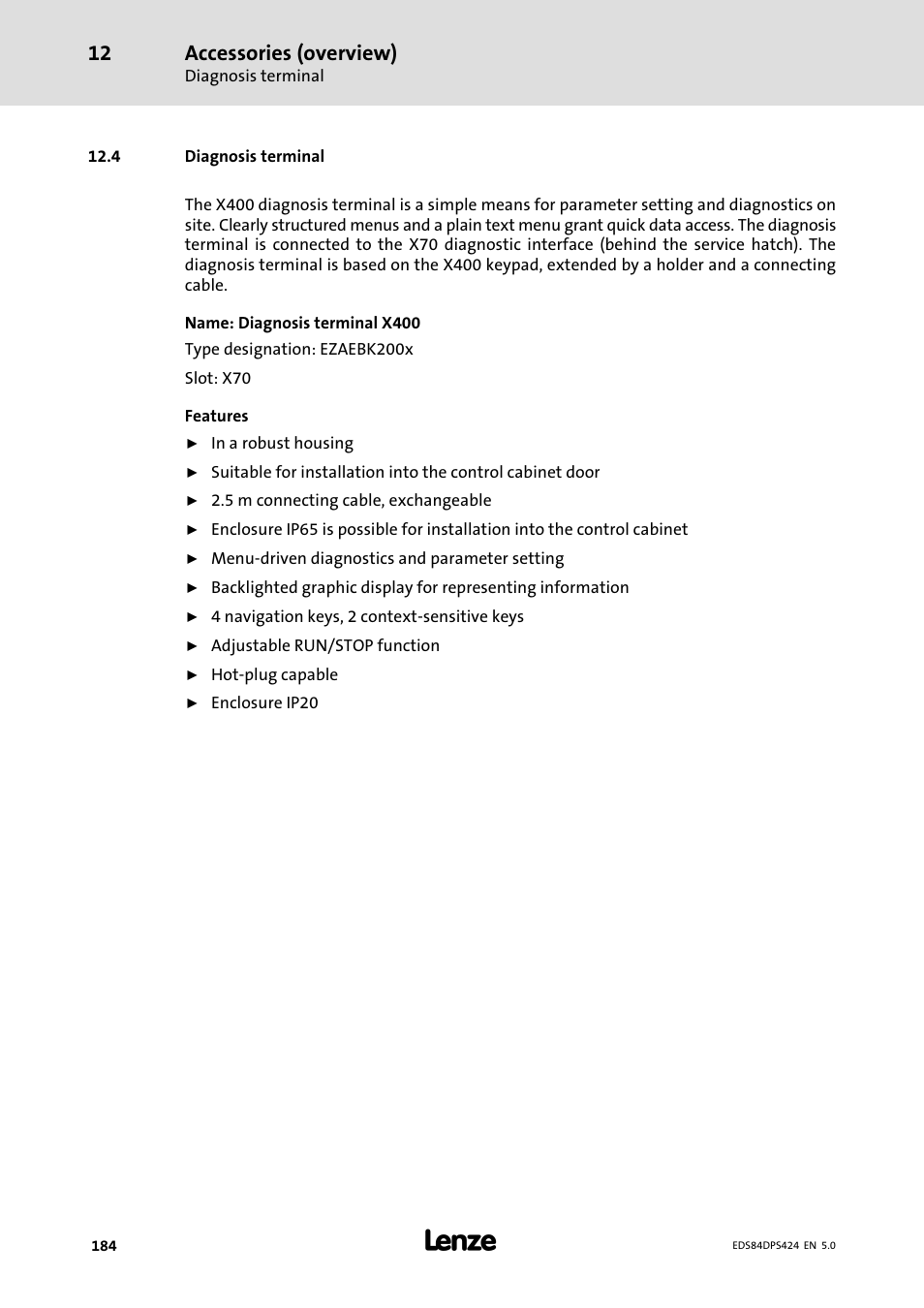 Diagnosis terminal, 4 diagnosis terminal, Accessories (overview) | Lenze 8400 protec Manual User Manual | Page 184 / 198