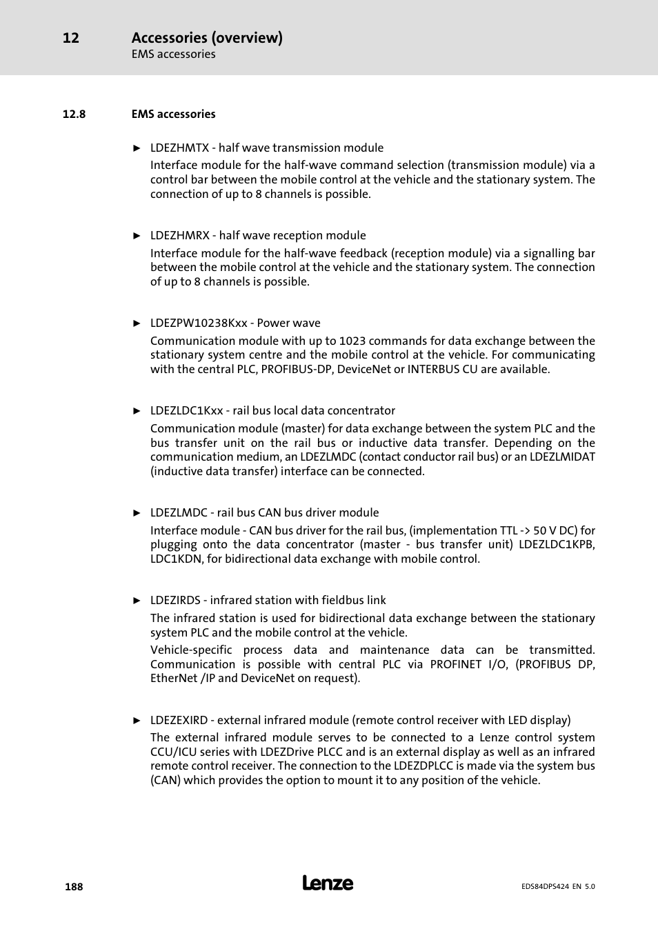 Ems accessories, 8 ems accessories, Accessories (overview) | Lenze 8400 protec Manual User Manual | Page 188 / 198