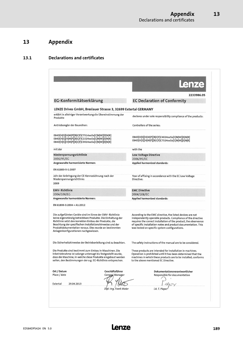 Appendix, Declarations and certificates, 1 declarations and certificates | Lenze 8400 protec Manual User Manual | Page 189 / 198