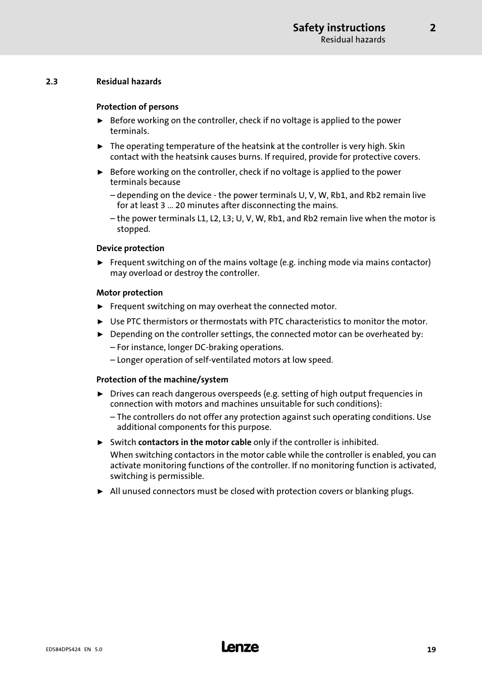 Residual hazards, Safety instructions | Lenze 8400 protec Manual User Manual | Page 19 / 198