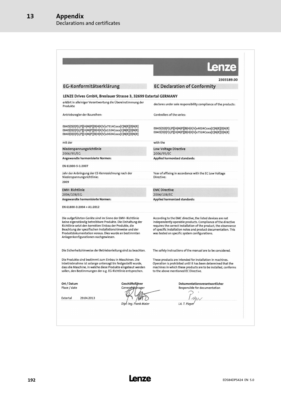 Appendix | Lenze 8400 protec Manual User Manual | Page 192 / 198