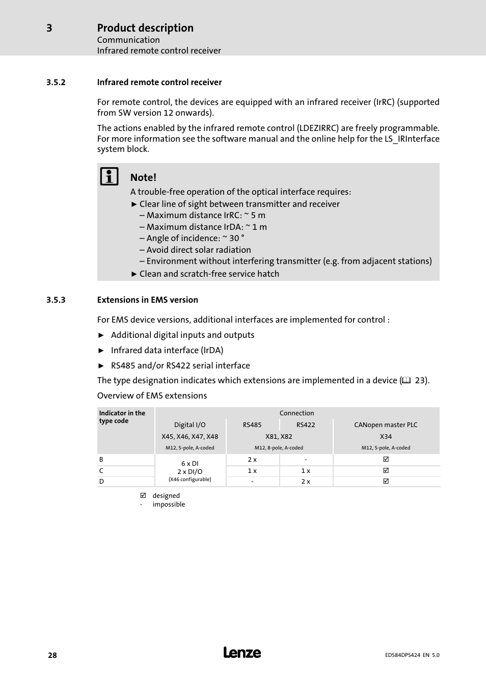 Infrared remote control receiver, Extensions in ems version, Product description | Lenze 8400 protec Manual User Manual | Page 28 / 198