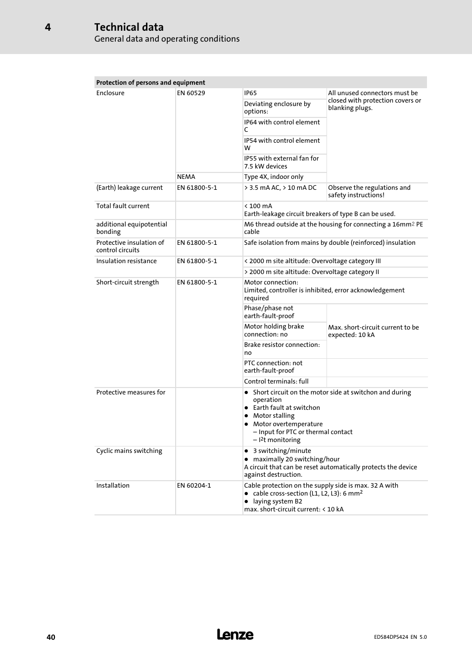 Technical data, General data and operating conditions | Lenze 8400 protec Manual User Manual | Page 40 / 198