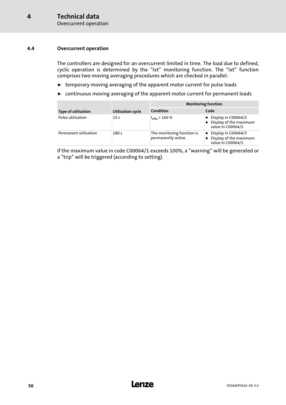 Overcurrent operation, Technical data | Lenze 8400 protec Manual User Manual | Page 56 / 198