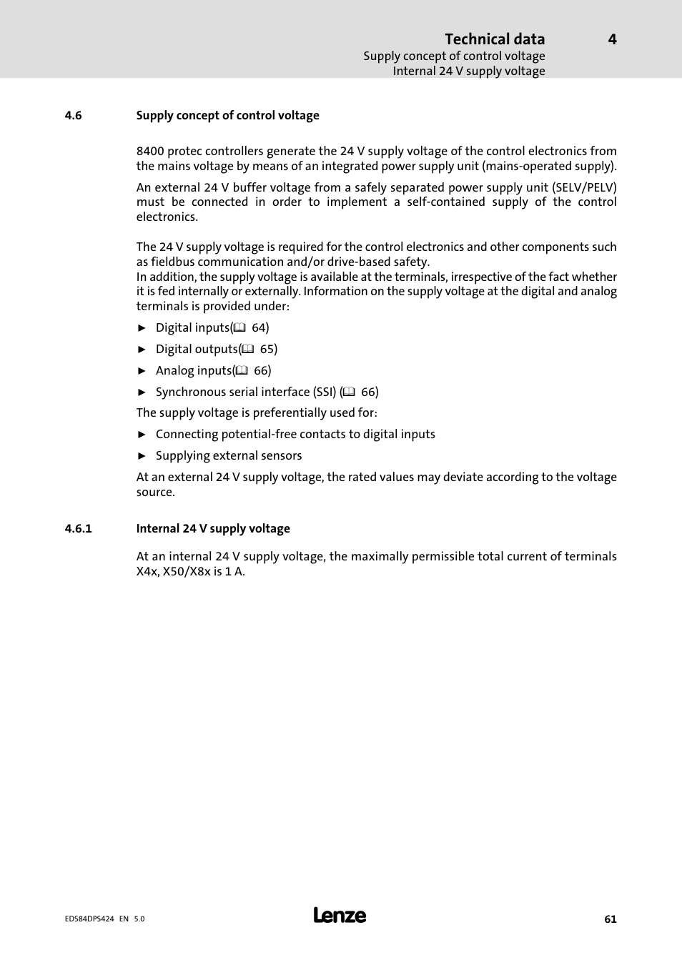 Supply concept of control voltage, Internal 24 v supply voltage, Technical data | Lenze 8400 protec Manual User Manual | Page 61 / 198