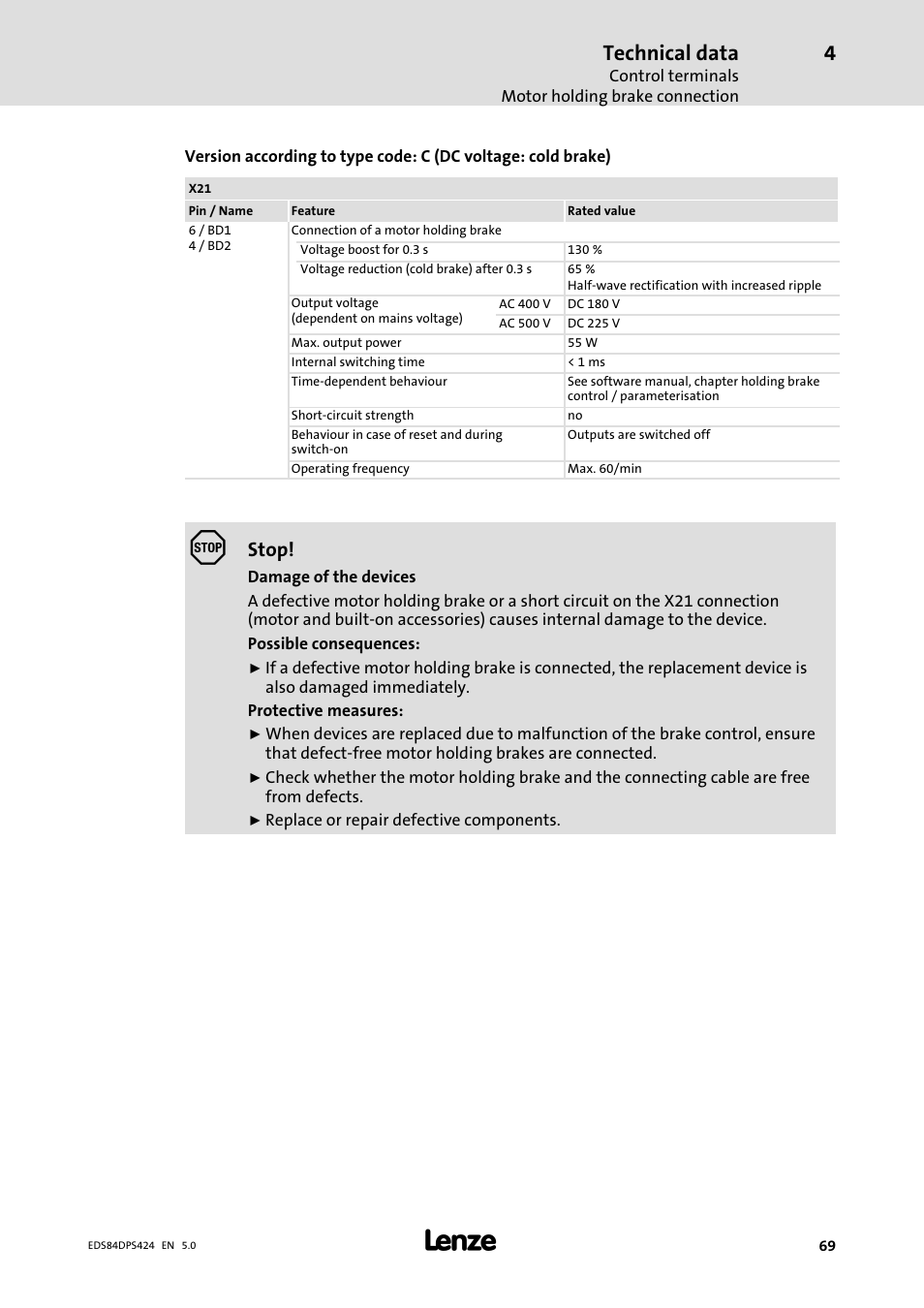 Technical data, Stop | Lenze 8400 protec Manual User Manual | Page 69 / 198