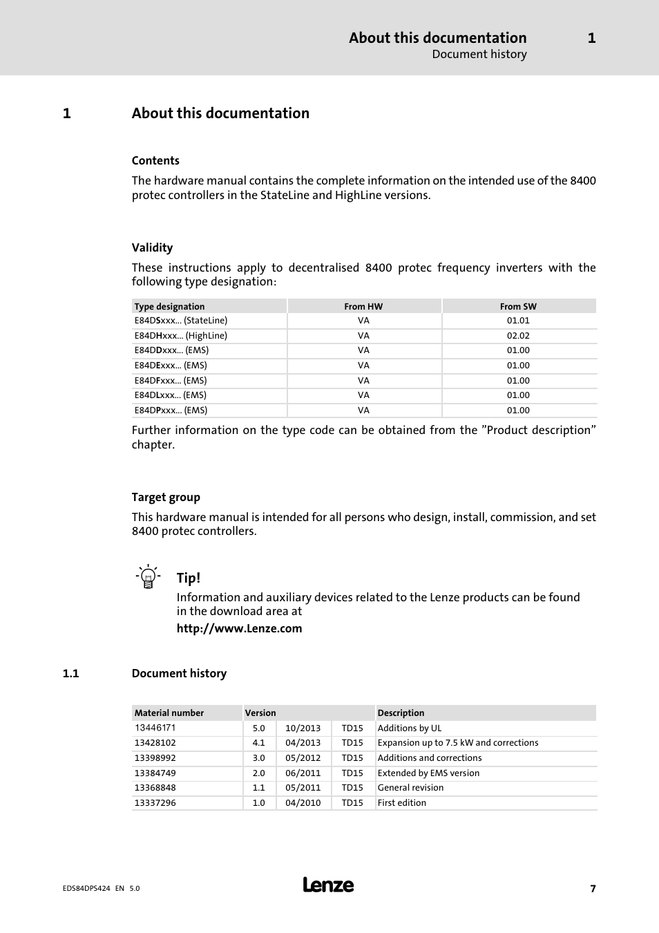About this documentation, Document history, 1about this documentation | Lenze 8400 protec Manual User Manual | Page 7 / 198