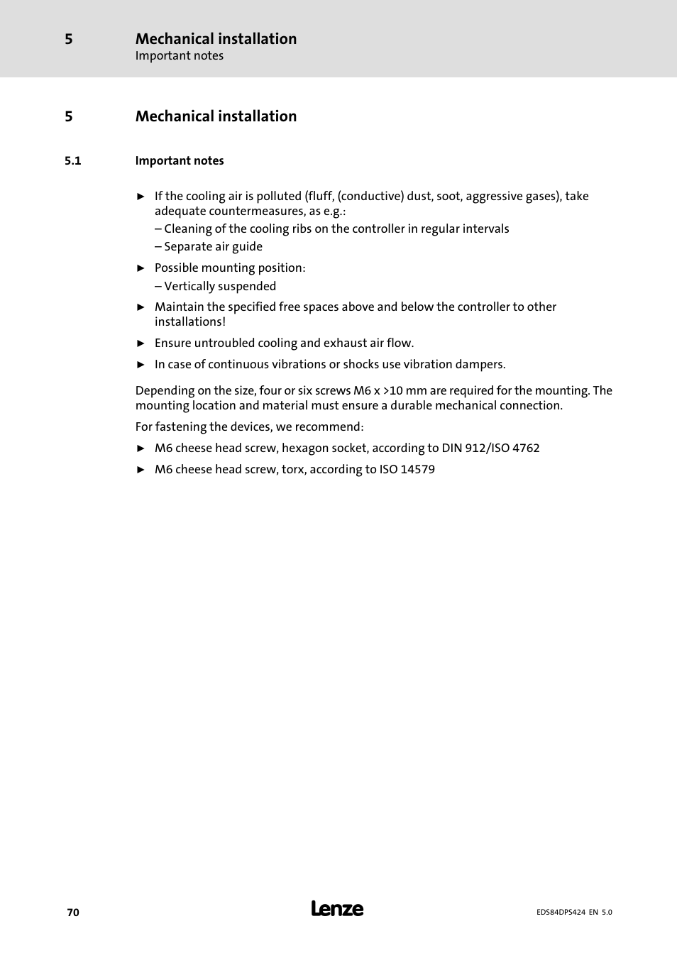 Mechanical installation, Important notes, 5mechanical installation | Lenze 8400 protec Manual User Manual | Page 70 / 198