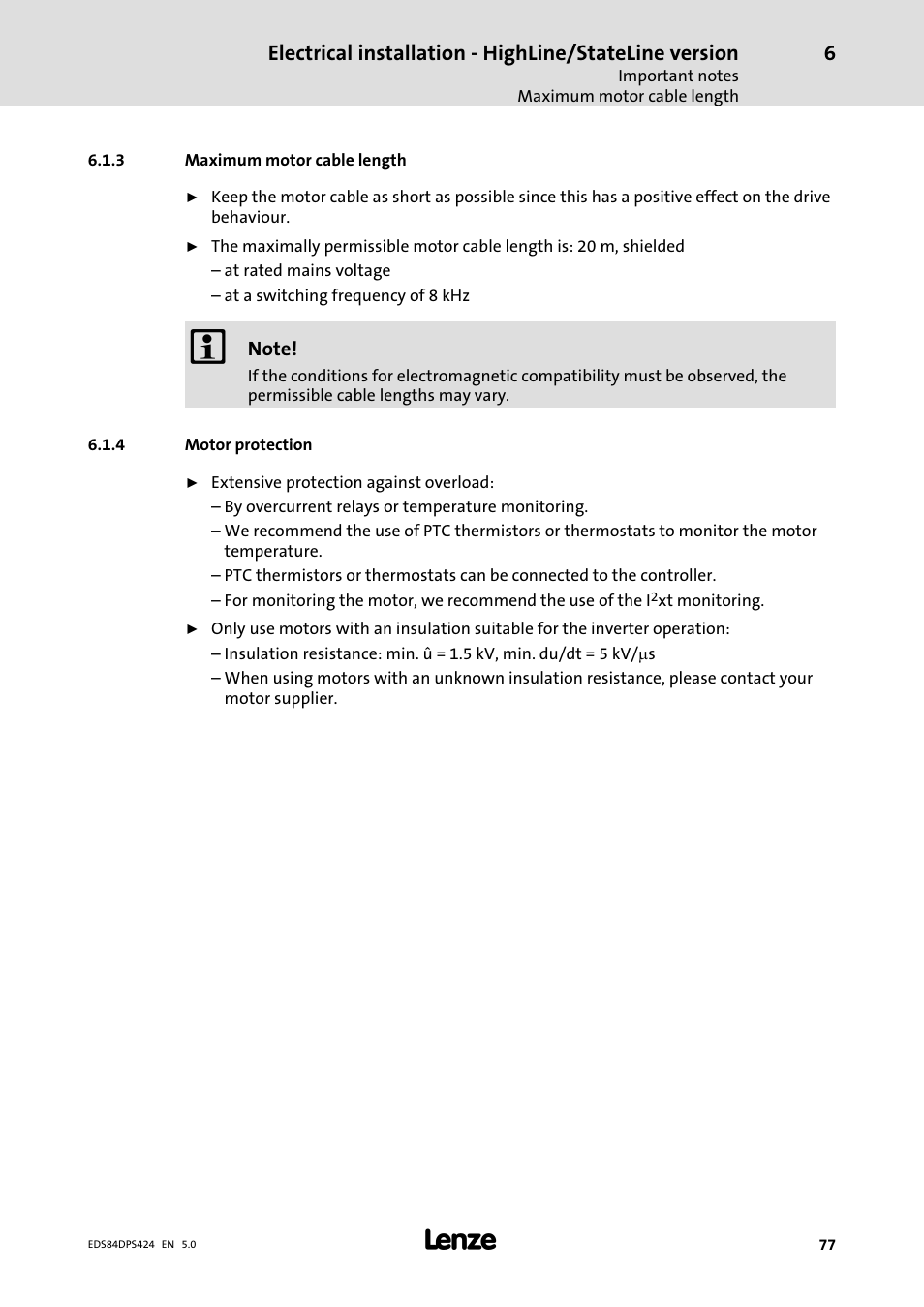 Maximum motor cable length, Motor protection | Lenze 8400 protec Manual User Manual | Page 77 / 198